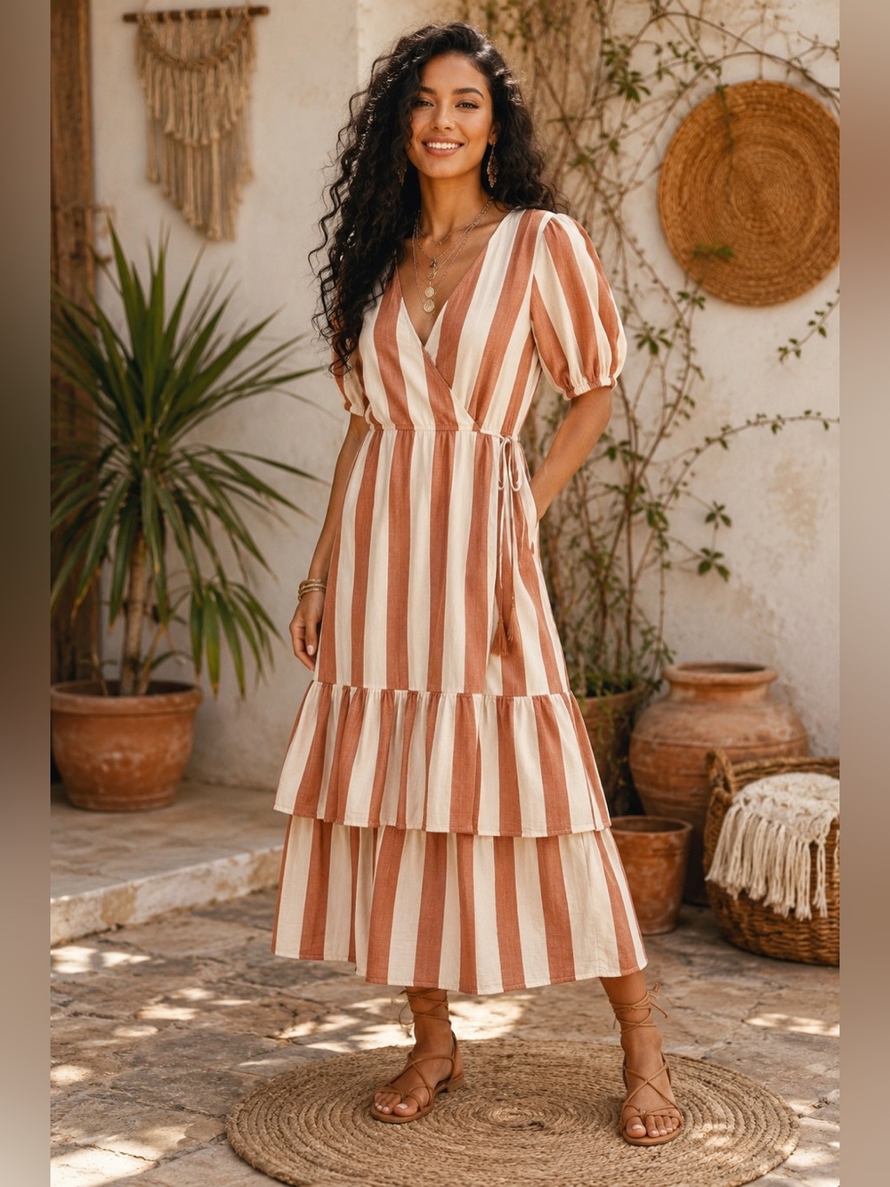 Knox Rose Striped Wrap Midi Dress | Boho Tiered Tassel Tie | Cottagecore